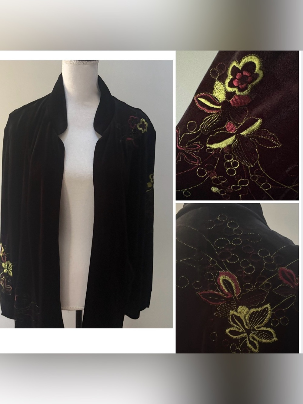 Coldwater Creek 2X Black Velvet Embroidered Kimono Jacket Open Front Plus Boho